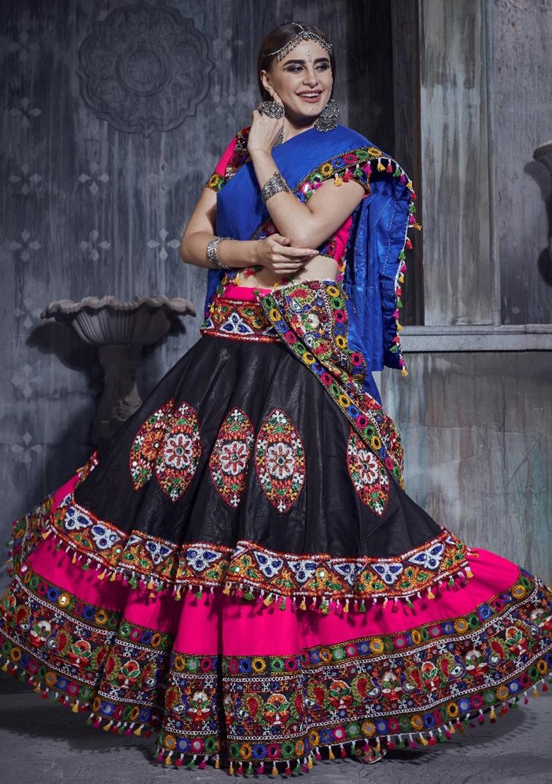 Pink And Black Gamthi Work Silk Lehenga Set With Dupatta