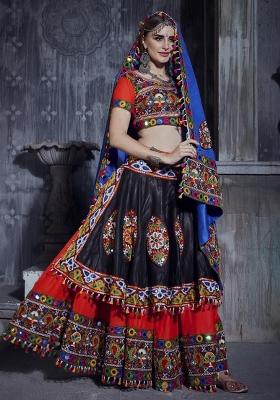 Red And Black Gamthi Work Silk Lehenga Set With Dupatta