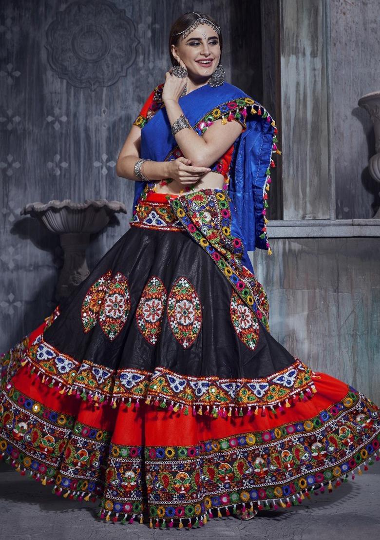 Red And Black Gamthi Work Silk Lehenga Set With Dupatta