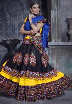 Yellow And Black Gamthi Work Silk Lehenga Set With Dupatta