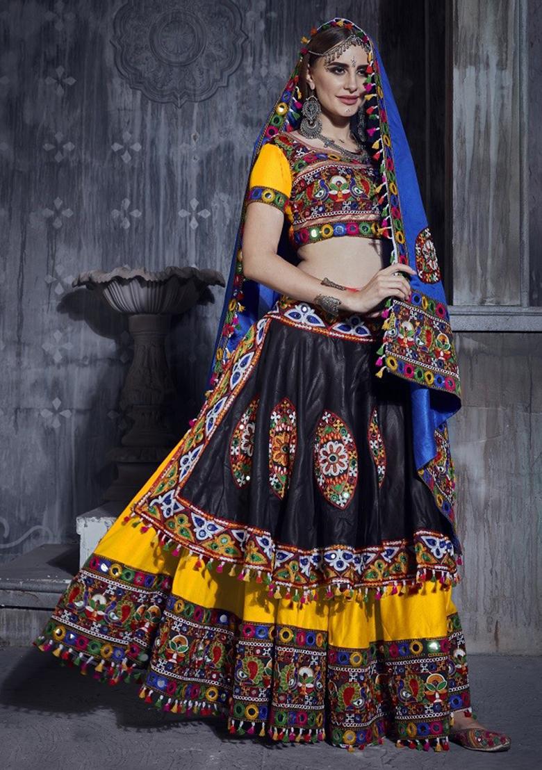 Yellow And Black Gamthi Work Silk Lehenga Set With Dupatta