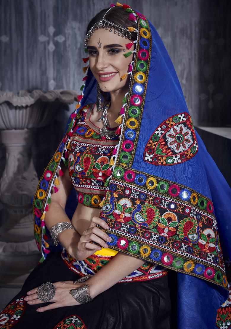 Yellow And Black Gamthi Work Silk Lehenga Set With Dupatta