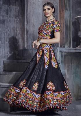 Black Gamthi Work Silk Lehenga Set With Dupatta
