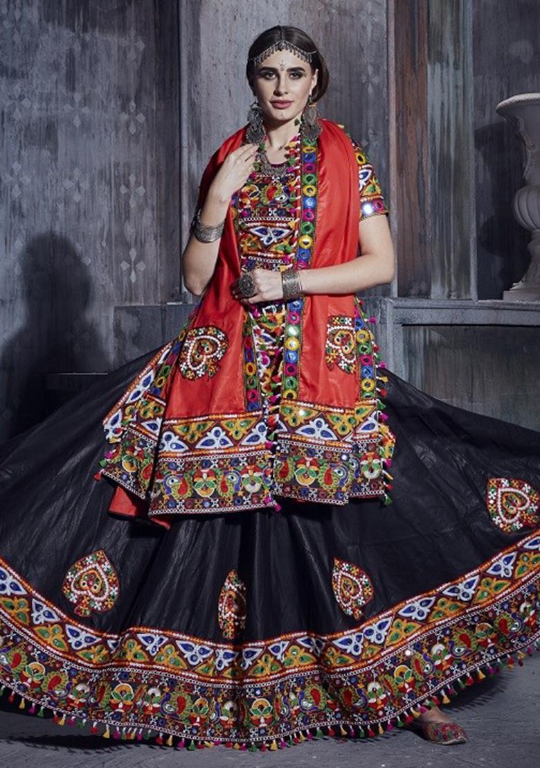 Black Gamthi Work Silk Lehenga Set With Dupatta