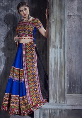 Blue Gamthi Work Silk Lehenga Set With Dupatta