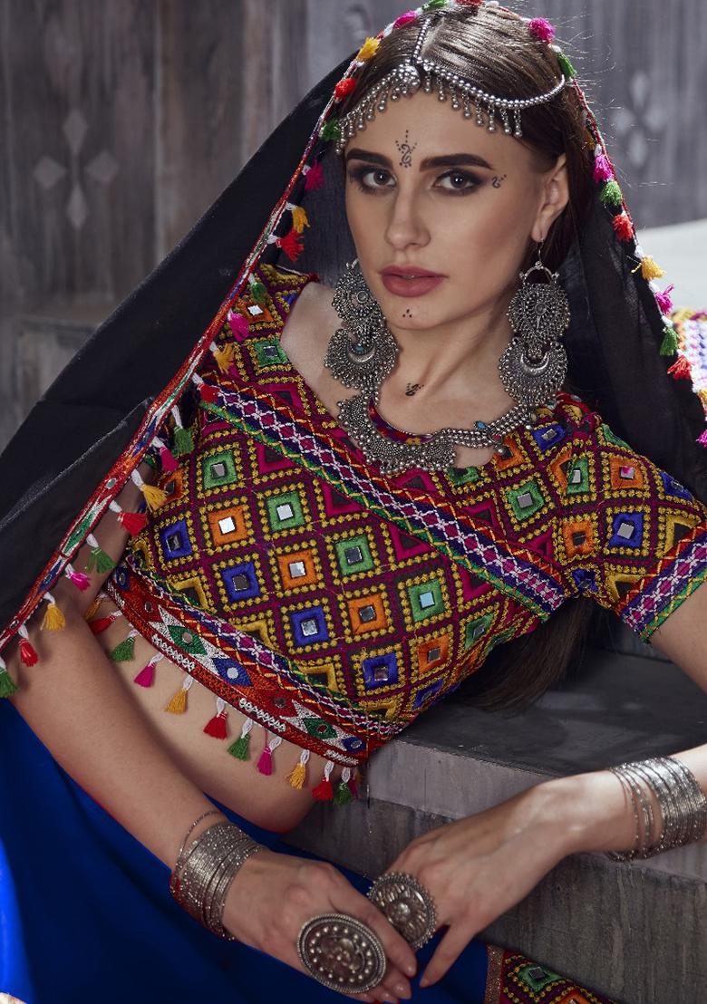 Blue Gamthi Work Silk Lehenga Set With Dupatta