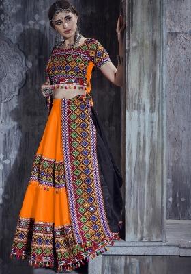 Orange Gamthi Work Silk Lehenga Set With Dupatta