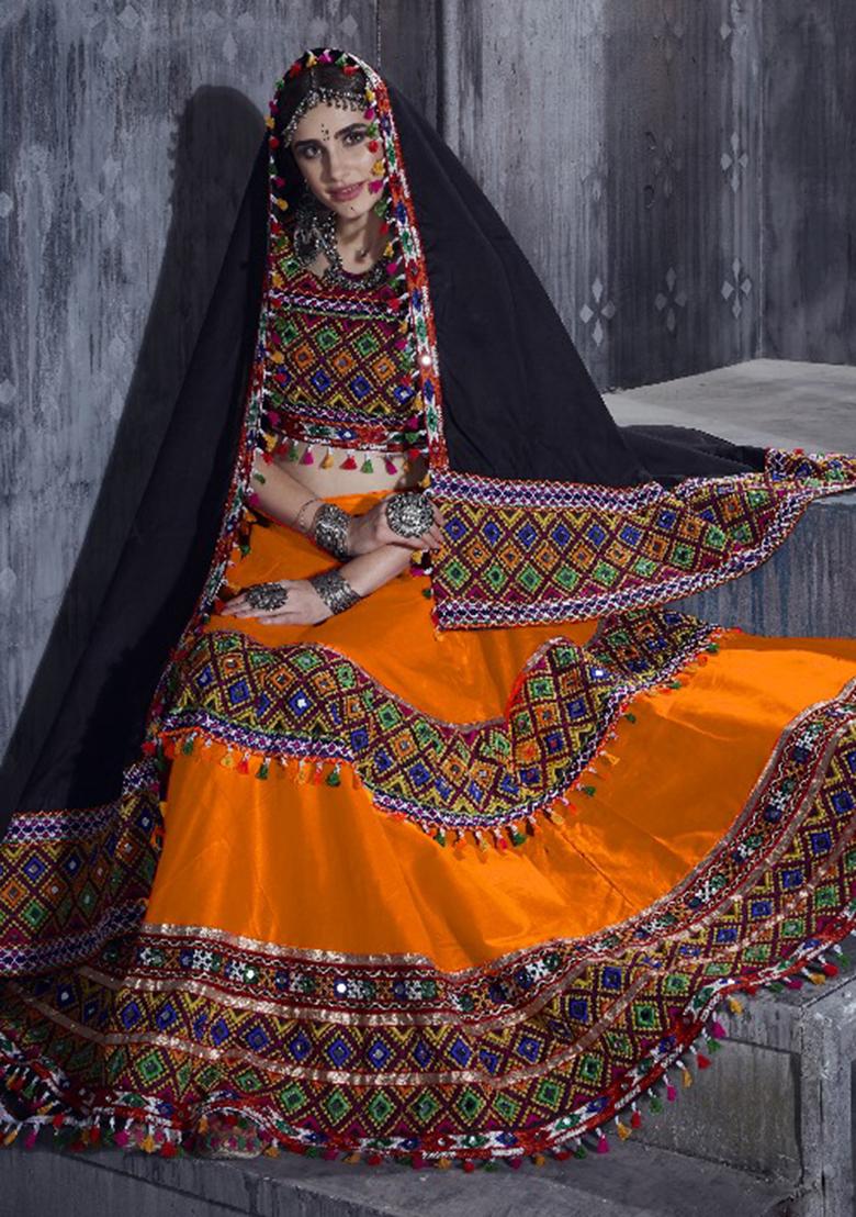 Orange Gamthi Work Silk Lehenga Set With Dupatta