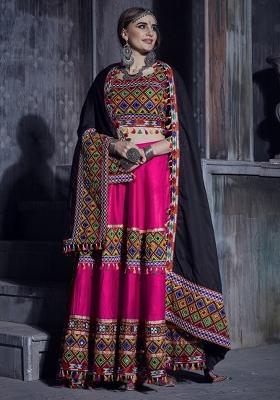 Pink Gamthi Work Silk Lehenga Set With Dupatta