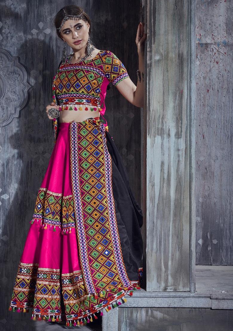 Pink Gamthi Work Silk Lehenga Set With Dupatta