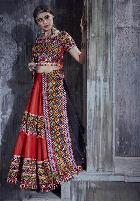 Red Gamthi Work Silk Lehenga Set With Dupatta