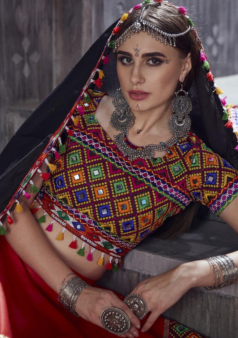 Red Gamthi Work Silk Lehenga Set With Dupatta