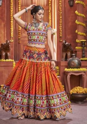 Orange Printed Silk Lehenga Set With Dupatta