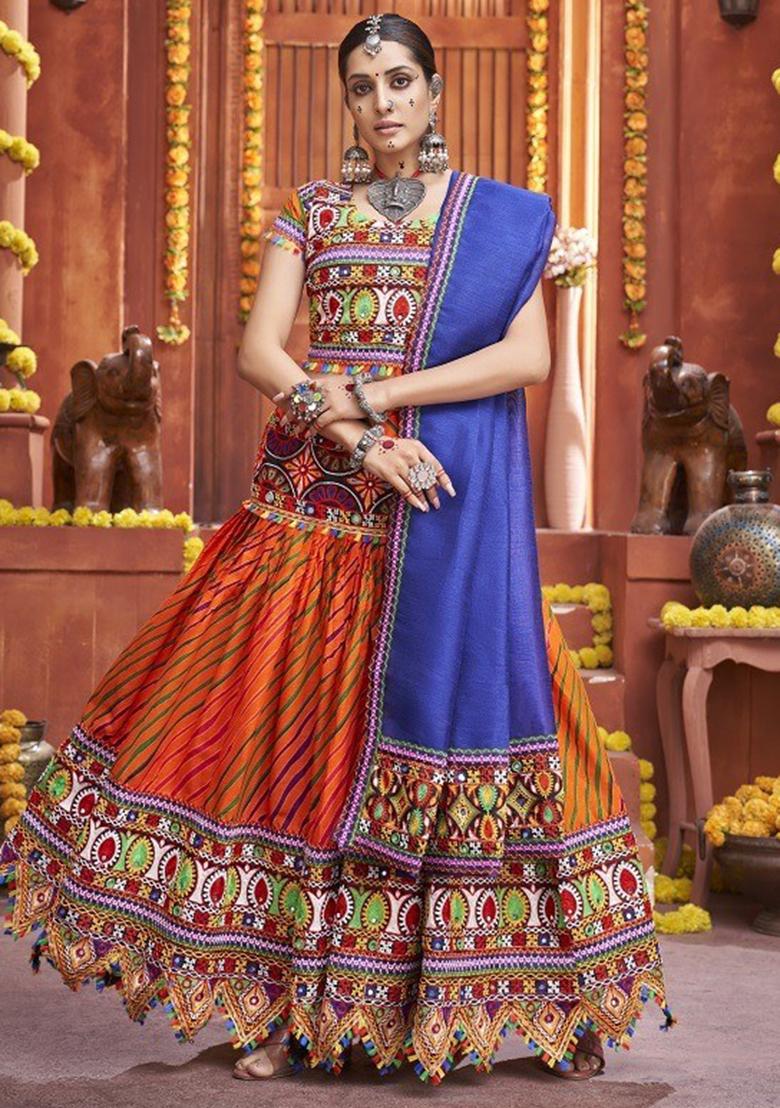 Orange Printed Silk Lehenga Set With Dupatta