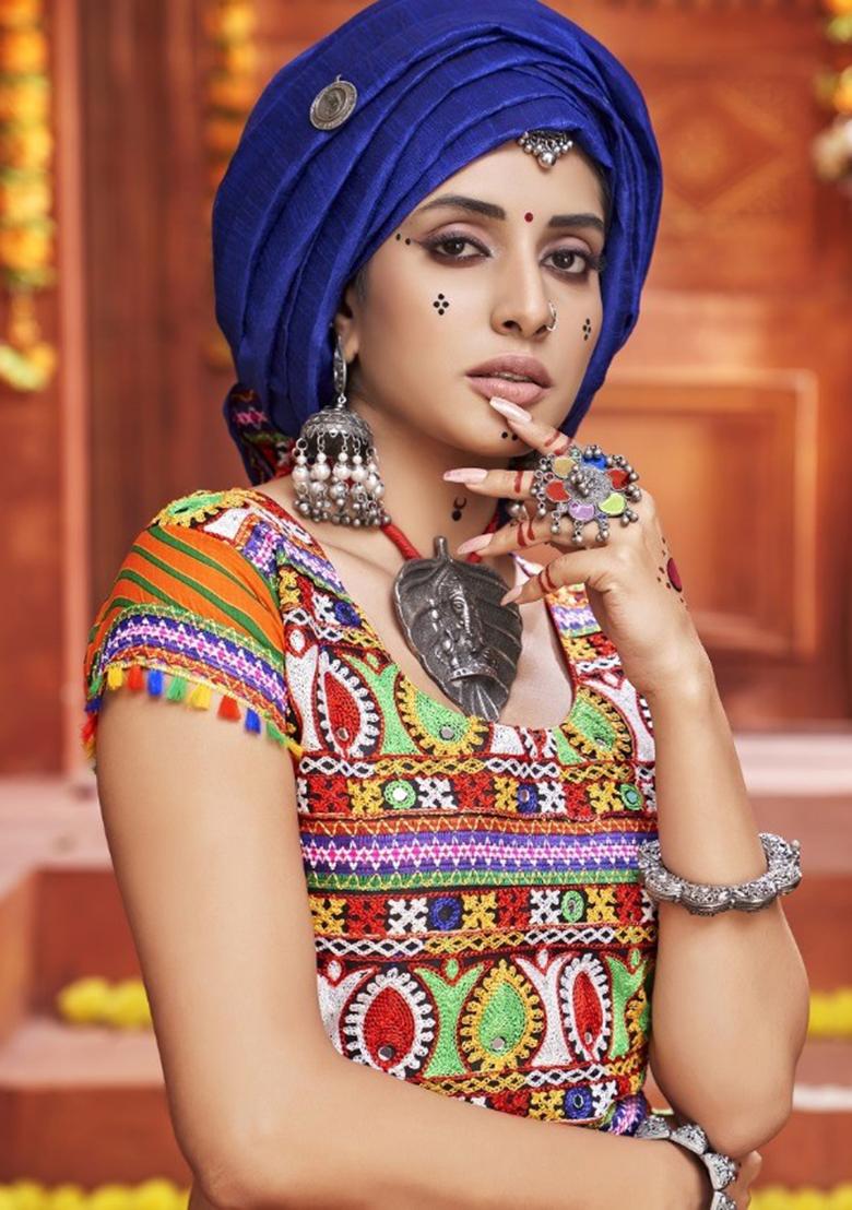 Orange Printed Silk Lehenga Set With Dupatta