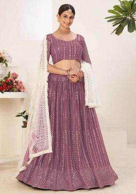 Lavender Embroidererd Silk Lehenga Set With Dupatta