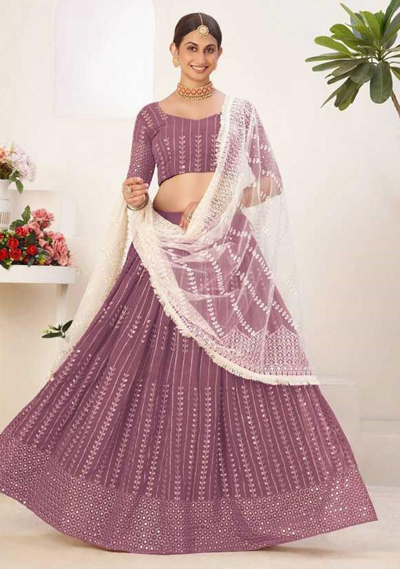 Lavender Embroidererd Silk Lehenga Set With Dupatta