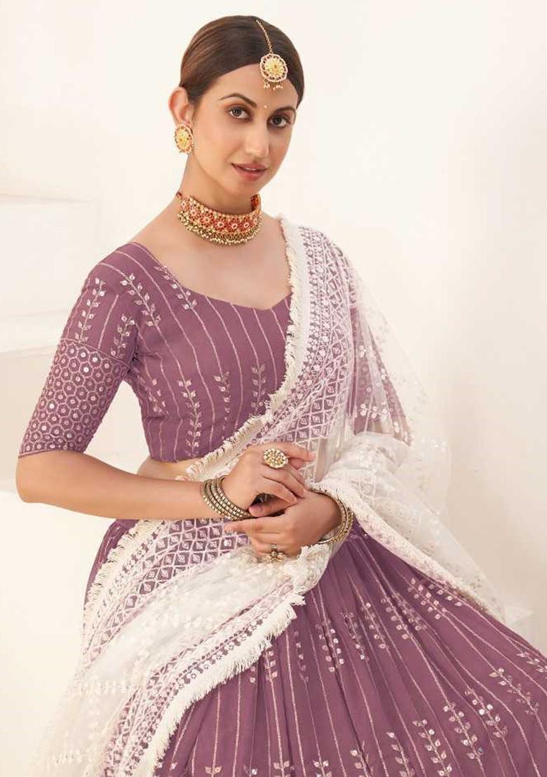 Lavender Embroidererd Silk Lehenga Set With Dupatta