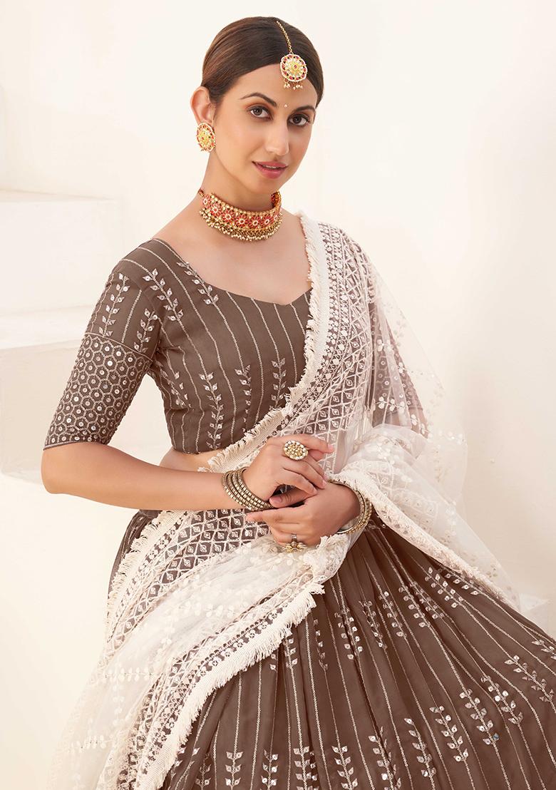 Coffee Brown Embroidererd Silk Lehenga Set With Dupatta