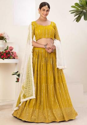 Yellow Embroidererd Silk Lehenga Set With Dupatta