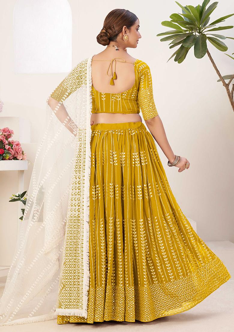 Yellow Embroidererd Silk Lehenga Set With Dupatta