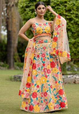 Multi Embroidered Gerogette Lehenga Set With Dupatta