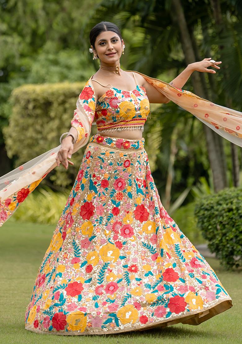 Multi Embroidered Gerogette Lehenga Set With Dupatta