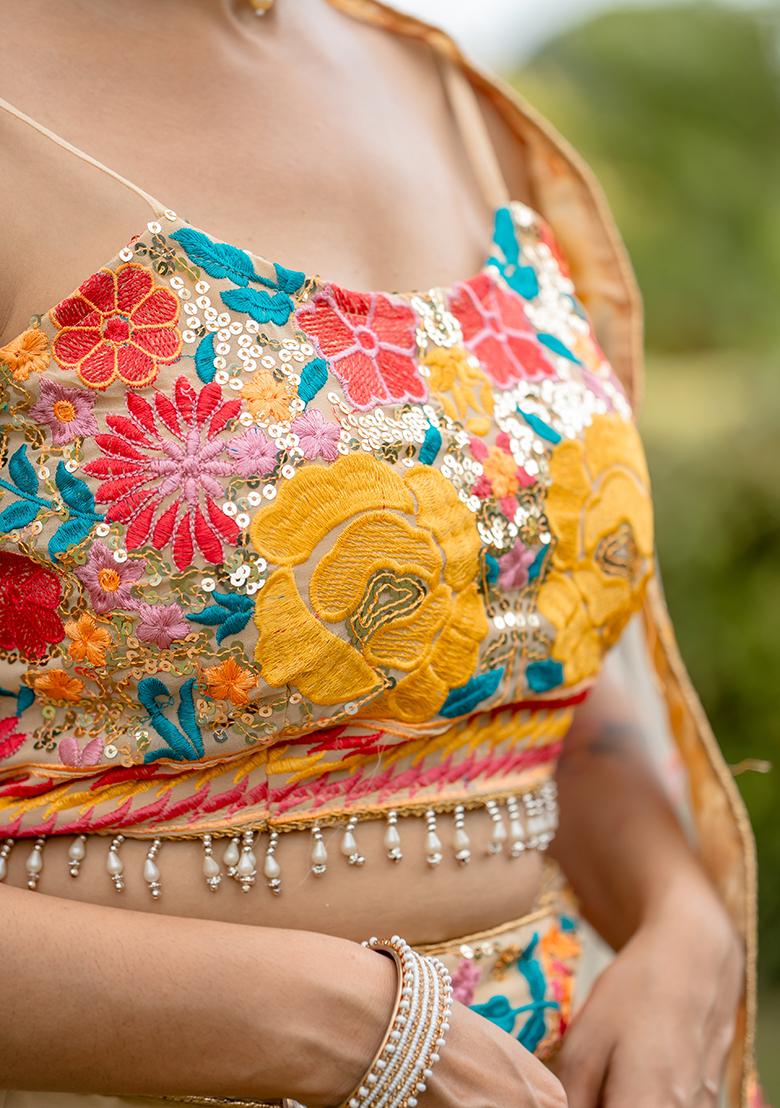 Multi Embroidered Gerogette Lehenga Set With Dupatta