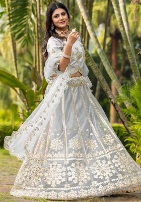 Gray Embroidered Net Lehenga Set With Dupatta
