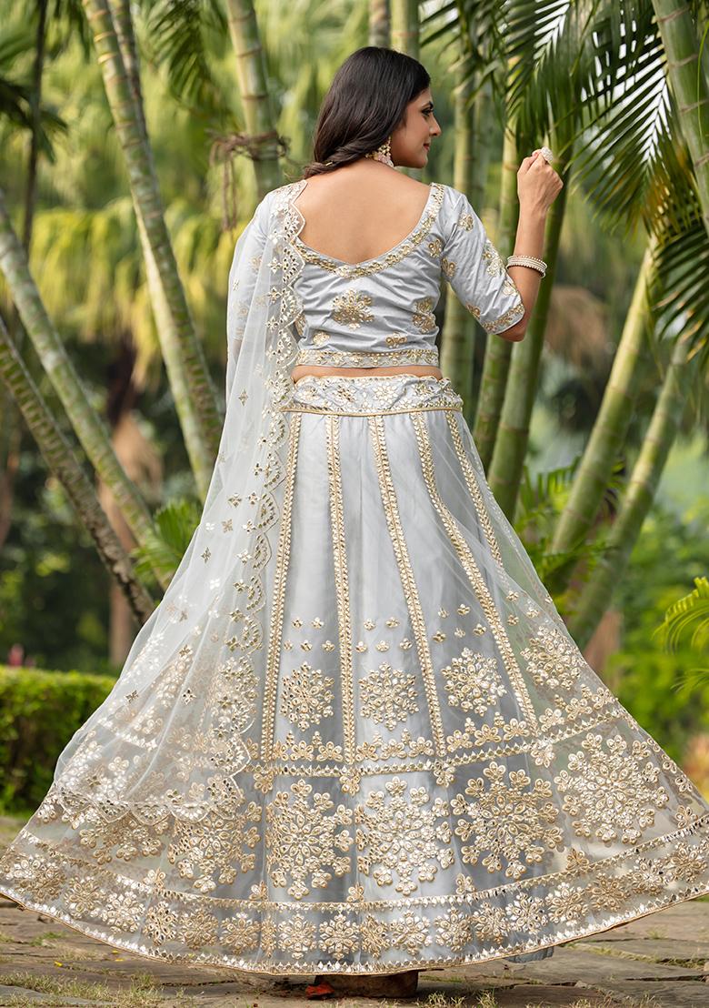 Gray Embroidered Net Lehenga Set With Dupatta