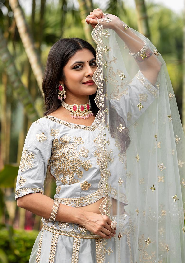 Gray Embroidered Net Lehenga Set With Dupatta