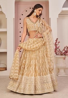 Beige Embroidered Net Lehenga Set With Dupatta