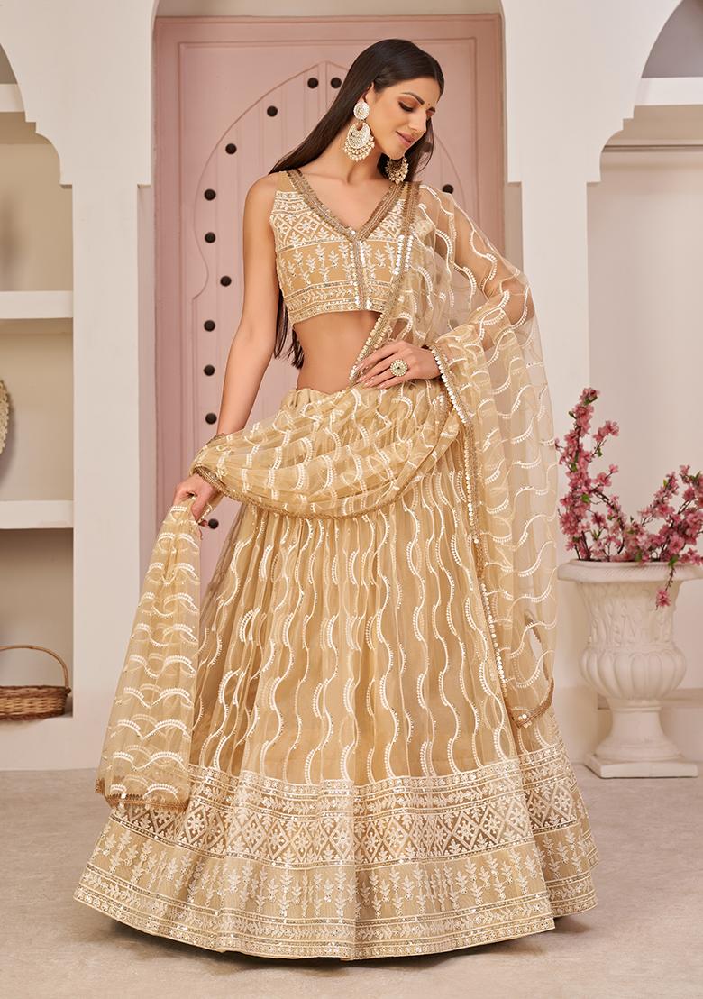 Beige Embroidered Net Lehenga Set With Dupatta