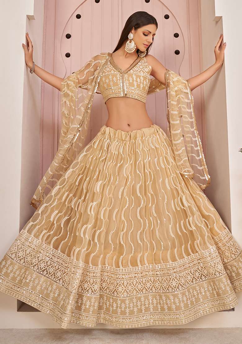 Beige With Dupatta Net Lehenga Set with Embroidered for Diwali | Wedding & Festive Wear - Indya
