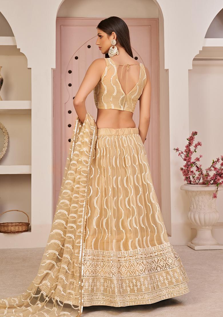 Beige Embroidered Net Lehenga Set With Dupatta