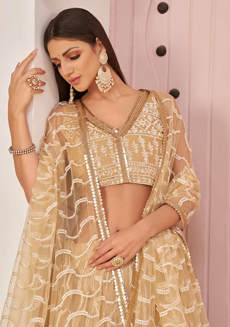 Beige With Dupatta Net Lehenga Set with Embroidered for Diwali | Wedding & Festive Wear - Indya