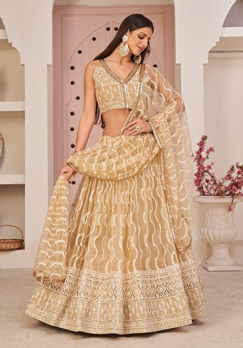 Beige Embroidered Net Lehenga Set With Dupatta