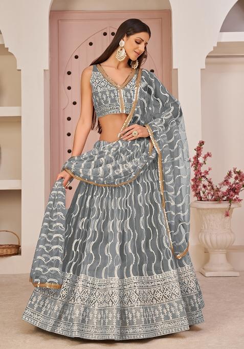Gray Embroidered Net Lehenga Set With Dupatta