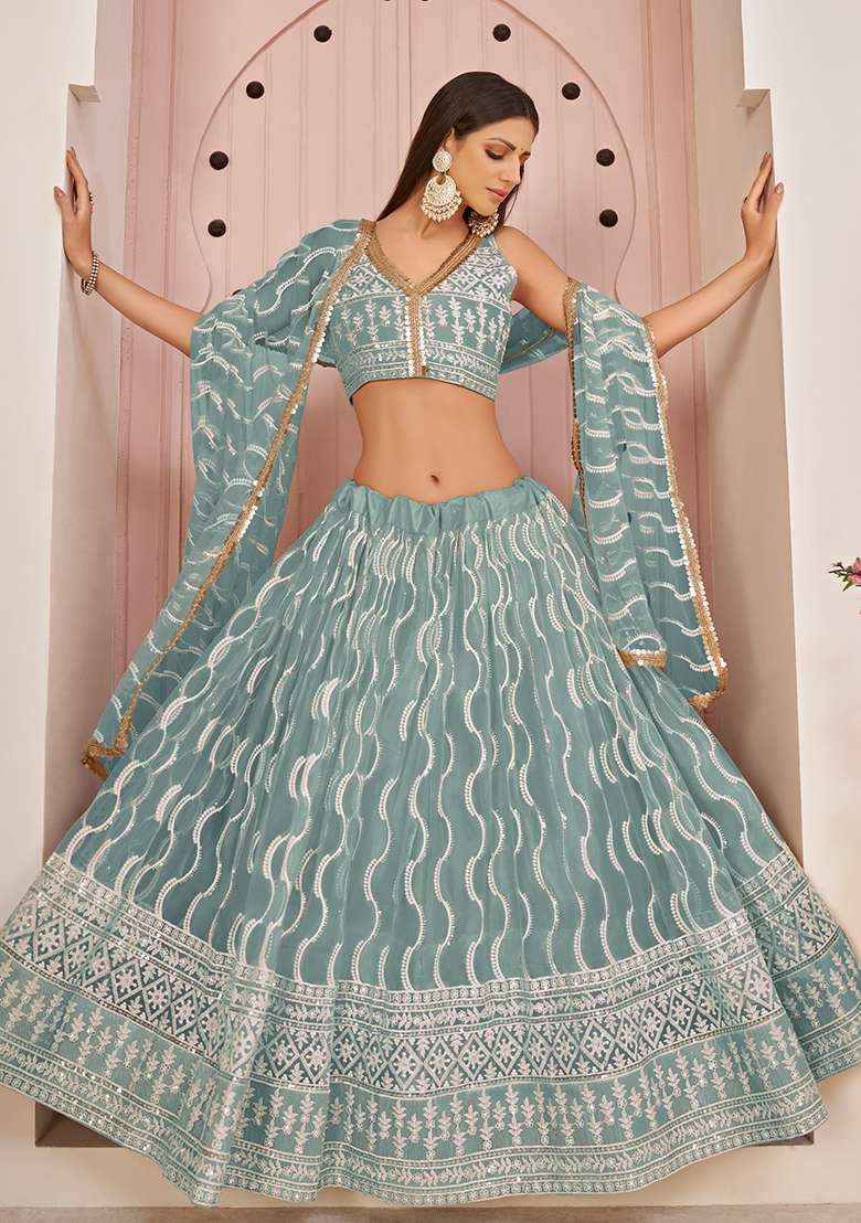 Ocean Blue Embroidered Net Lehenga Set With Dupatta for Diwali and Festive Wear - Indya