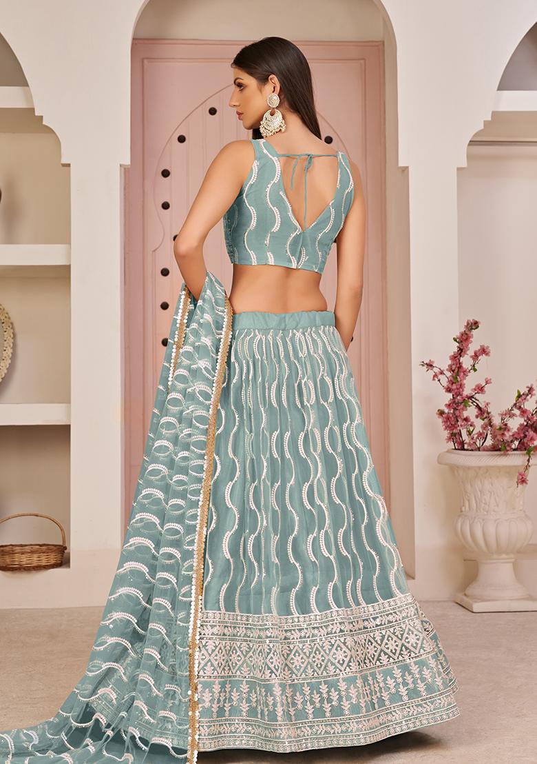 Ocean Blue Embroidered Net Lehenga Set With Dupatta