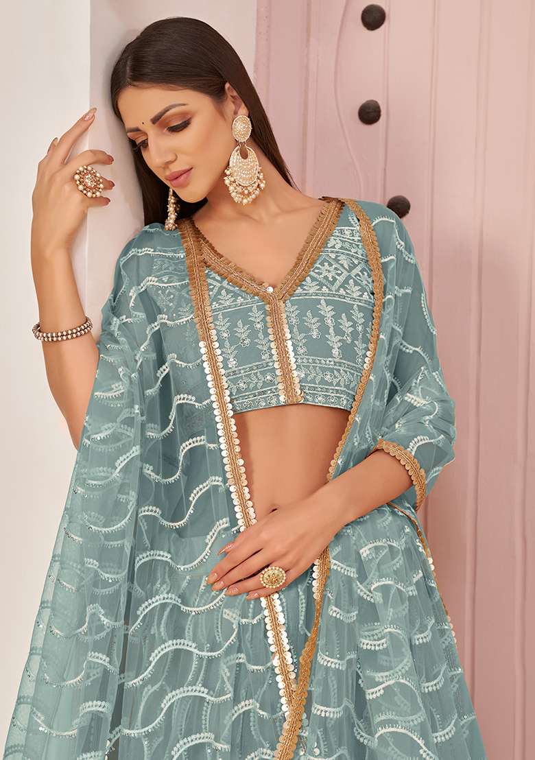 Ocean Blue Embroidered Net Lehenga Set With Dupatta for Diwali and Festive Wear - Indya