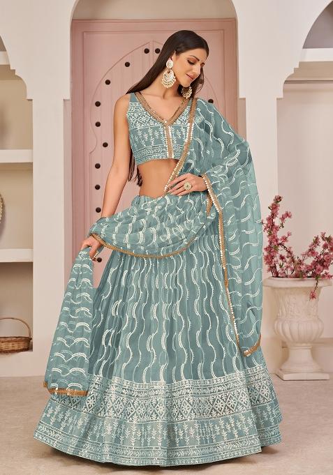 Ocean Blue Embroidered Net Lehenga Set With Dupatta