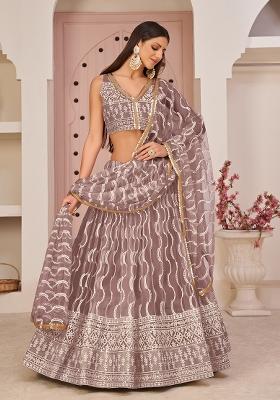 Onion Pink Embroidered Net Lehenga Set With Dupatta