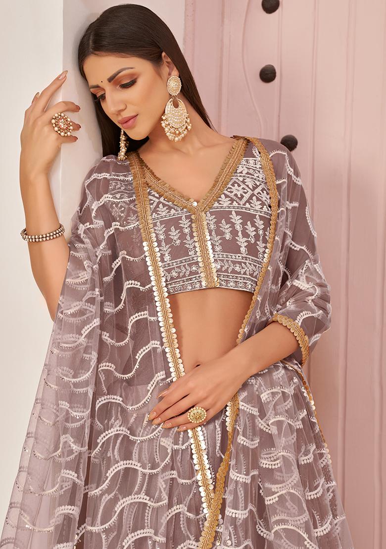 Onion Pink Embroidered Net Lehenga Set With Dupatta