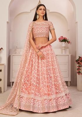 Light Pink Embroidered Net Lehenga Set With Dupatta