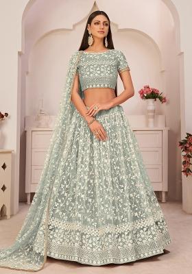 Green Embroidered Net Lehenga Set With Dupatta