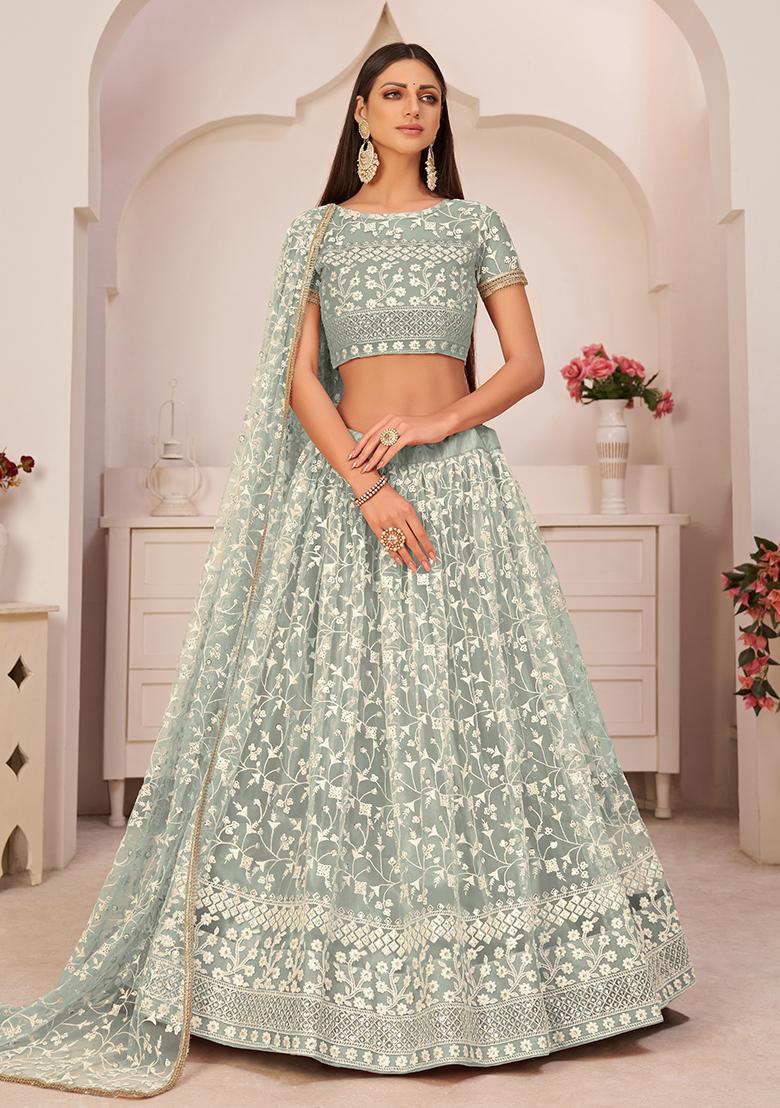 Green Embroidered Net Lehenga Set With Dupatta