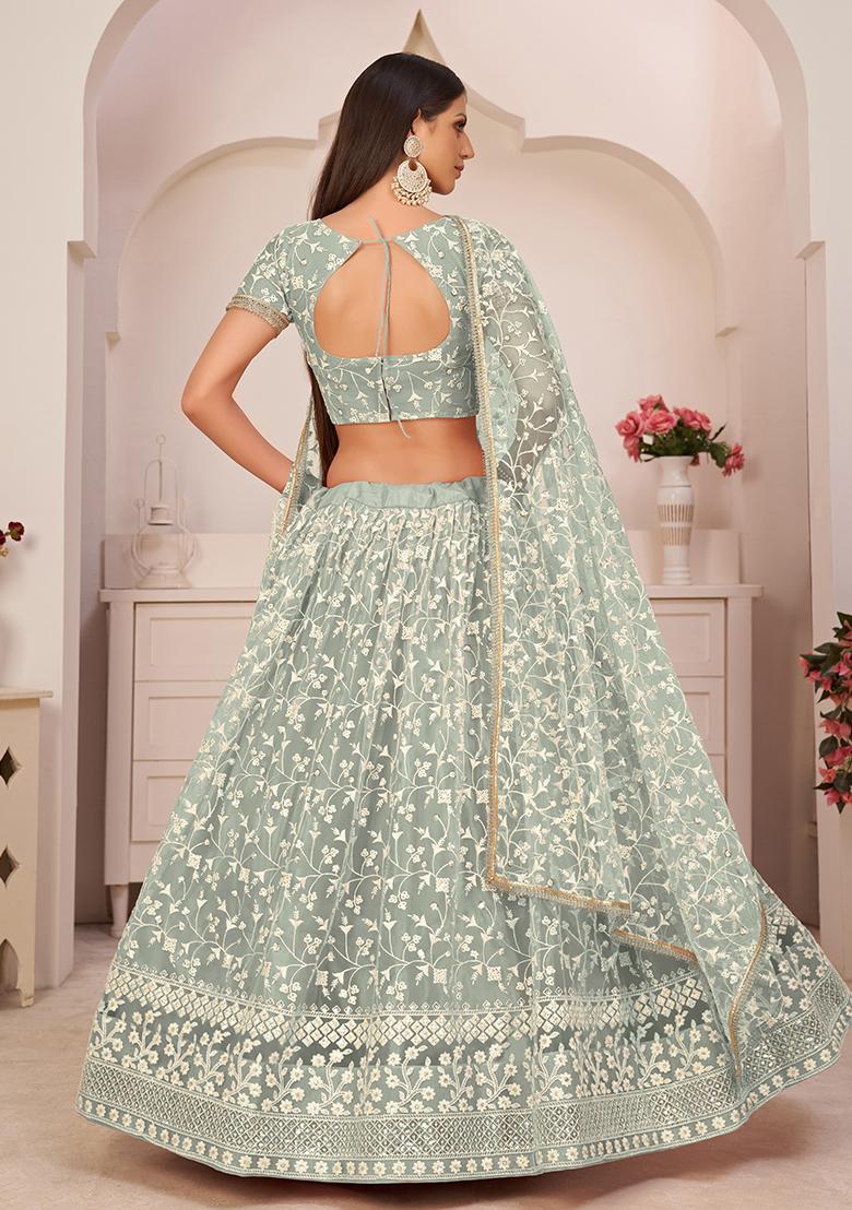 Green Embroidered Net Lehenga Set With Dupatta