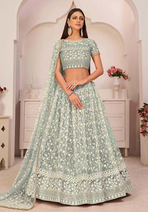 Green Embroidered Net Lehenga Set With Dupatta