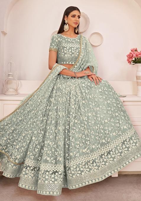 Green Embroidered Net Lehenga Set With Dupatta
